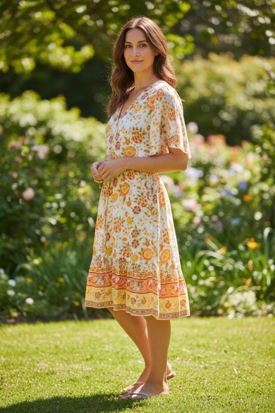 MARGAUX Riviera Yellow Floral Dress Viscose Flutter Sleeves Tiered Ruffle Sz PXL